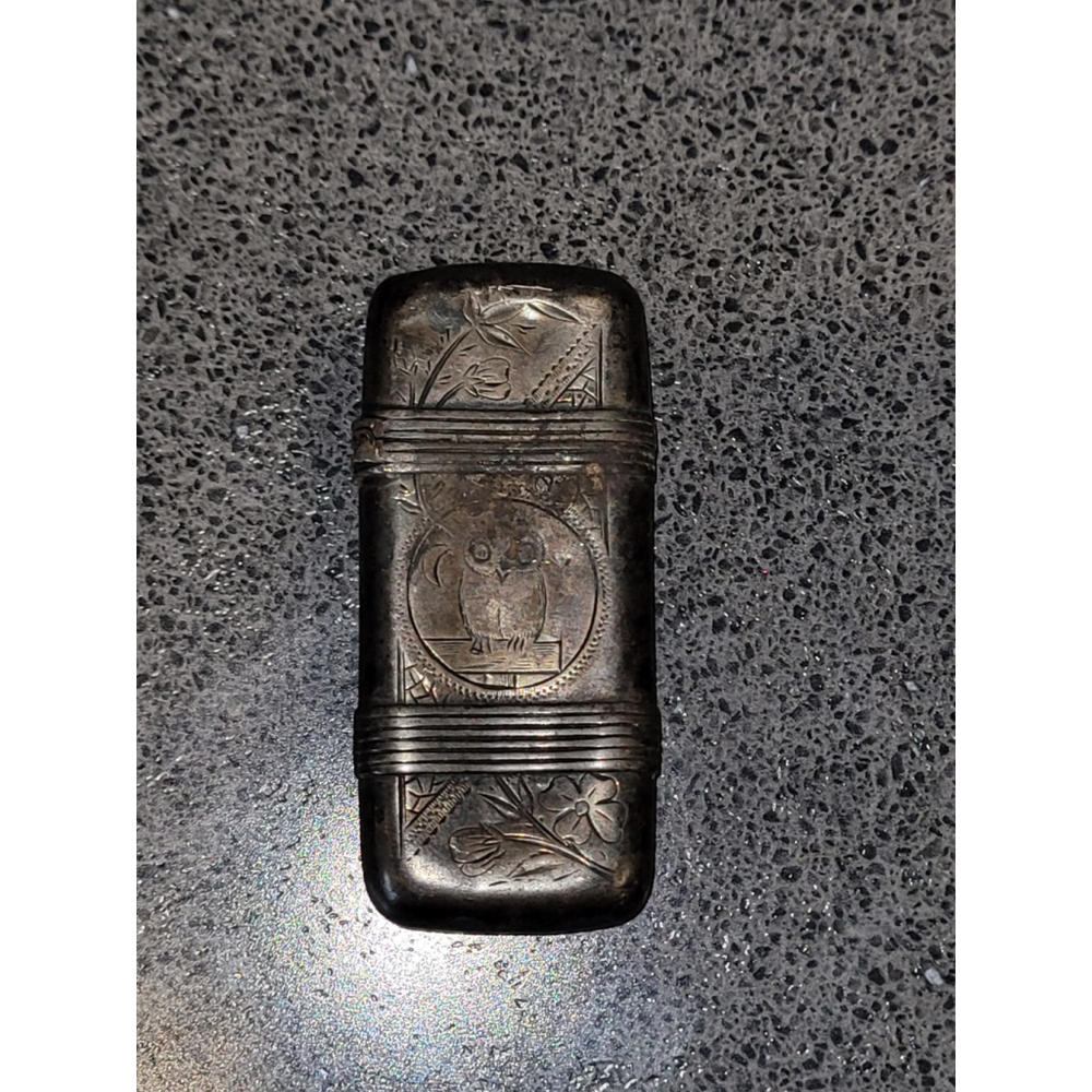 Antique Sterling Silver Vesta Case Match Safe Etched Owl Engraved Monogram